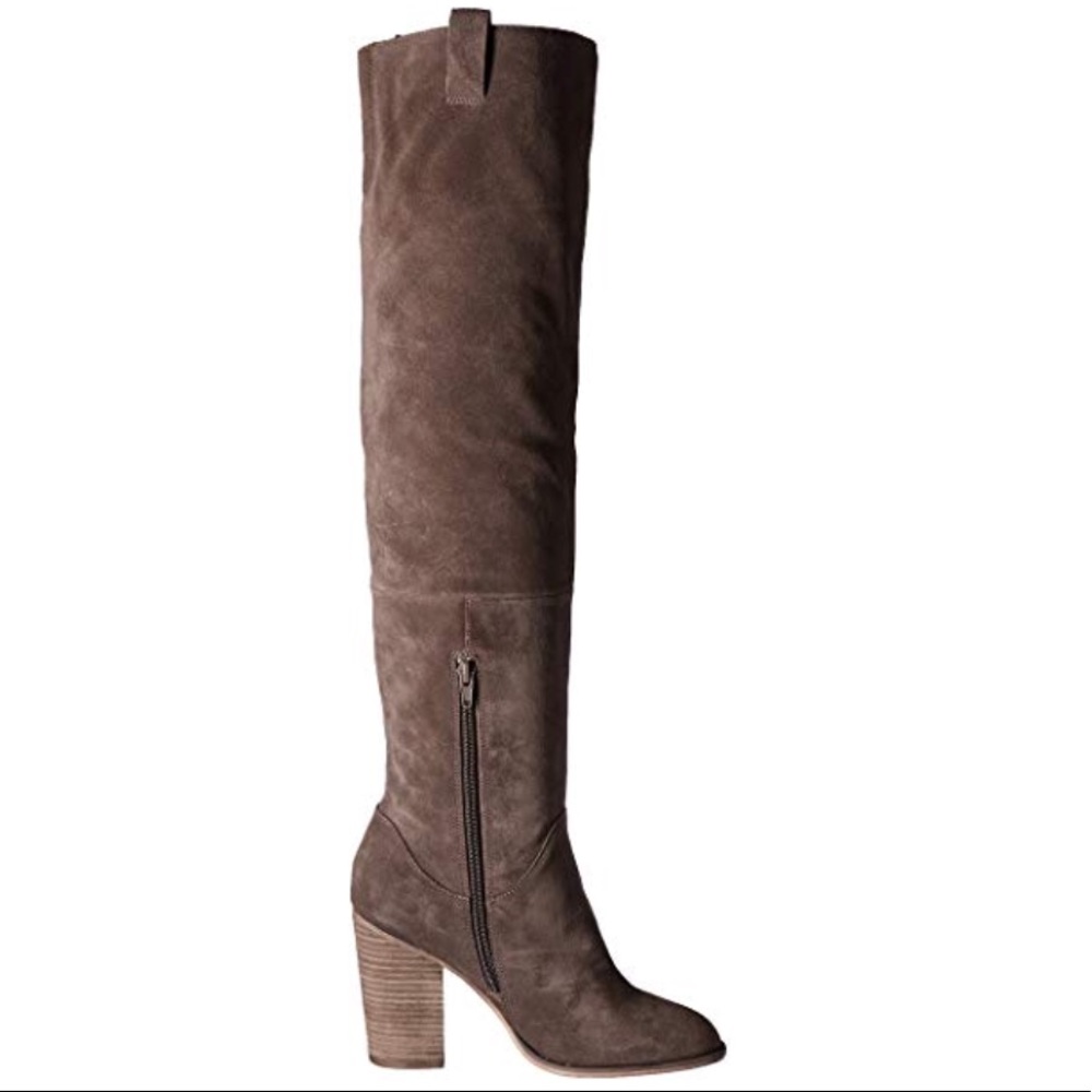 Leather Taupe Over The Knee Block Heel Fringe Boot - Picture 4 of 6